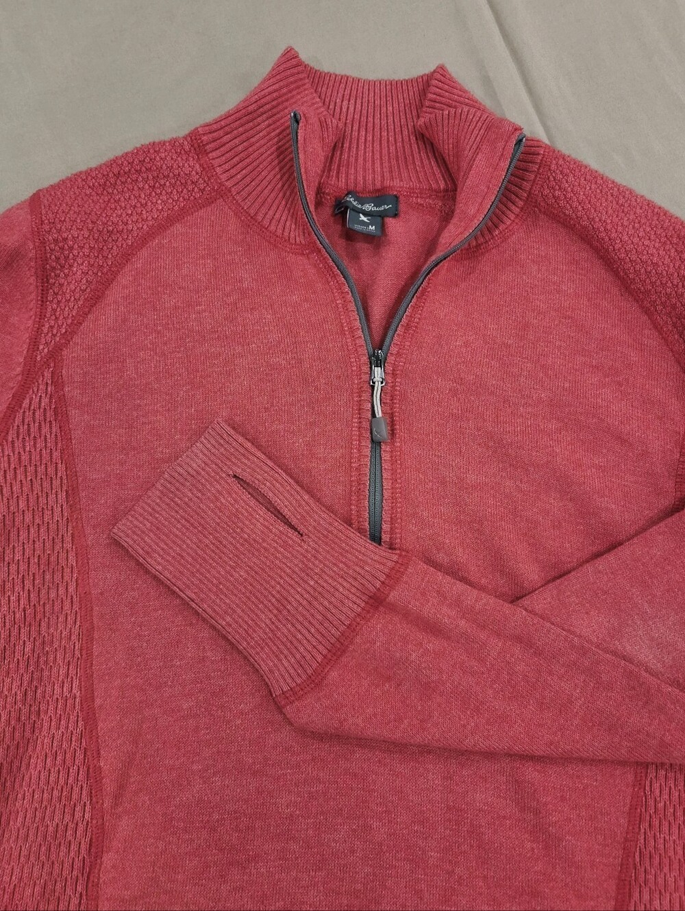 Eddie Bauer Women’s M Quarter Zip Sweater Red Textured Knit Thumbholes